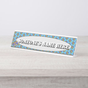 Yellow-Blue Flower Ribbon by Kenneth Yoncich Desk Name Plate