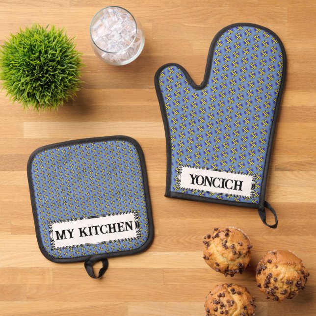 Yellow-Blue Flower Ribbon by Kenneth Yoncich Oven Mitt & Pot Holder Set (Top Down)