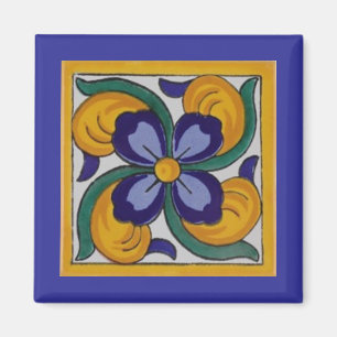 Yellow Blue Flower Spanish Tile Magnet
