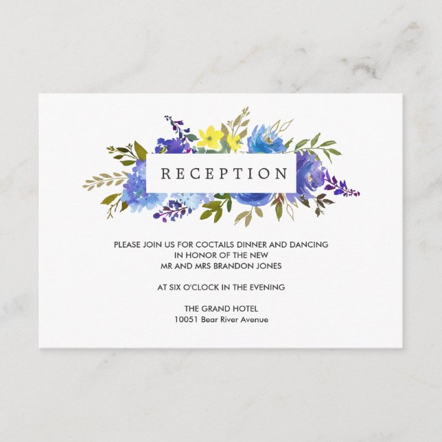 Yellow Blue  Flower WEDDING  Reception Enclosure Card (Front)