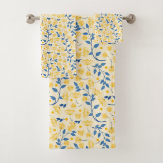 YELLOW & BLUE FLOWERS & LEAVES BATH TOWEL SET