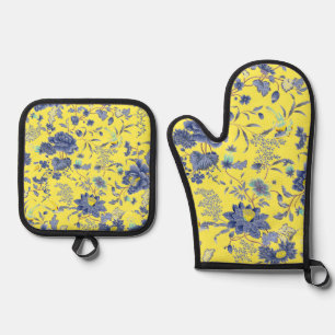 Yellow Blue Flowers  Oven Mitt & Pot Holder Set