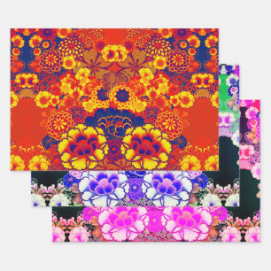 YELLOW BLUE FLOWERS Peony,Roses Japanese Floral Wrapping Paper Sheet