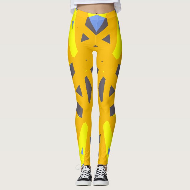 Yellow Blue Gray Vibrant Abstract Geometric Leggings (Front)