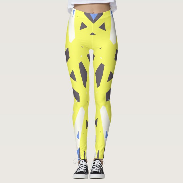 Yellow Blue Gray White Geometric Gym Exercise Leggings (Front)