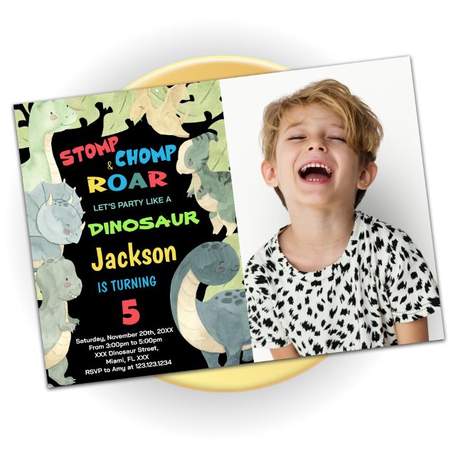 Yellow Blue Green Dinosaur Birthday With Photo Invitation (Yellow Blue Green Dinosaur Birthday With Photo Invitation)