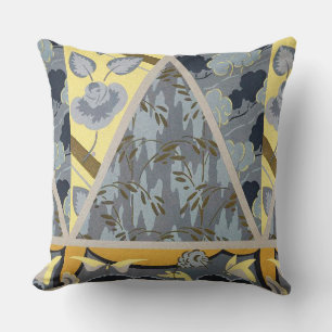 YELLOW BLUE GREY FLOWERS, BUTTERFLIES BOLD FLORAL CUSHION