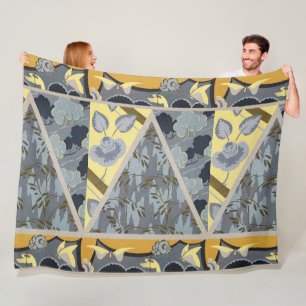 YELLOW BLUE GREY FLOWERS, BUTTERFLIES BOLD FLORAL FLEECE BLANKET