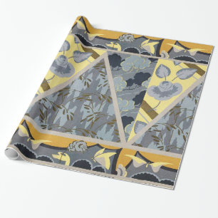 YELLOW BLUE GREY FLOWERS, BUTTERFLIES BOLD FLORAL WRAPPING PAPER