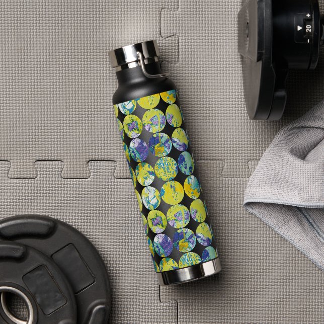 Yellow Blue Grunge Texture Circle Pattern Art. Water Bottle (Gym (Rotated))