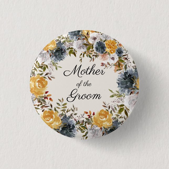  Yellow Blue Handpainted Floral Mother Groom 3 Cm Round Badge (Front)