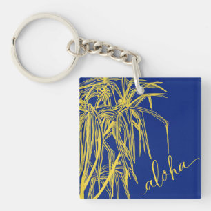 Yellow  Blue Hau Tree Aloha Square Keychain Mini