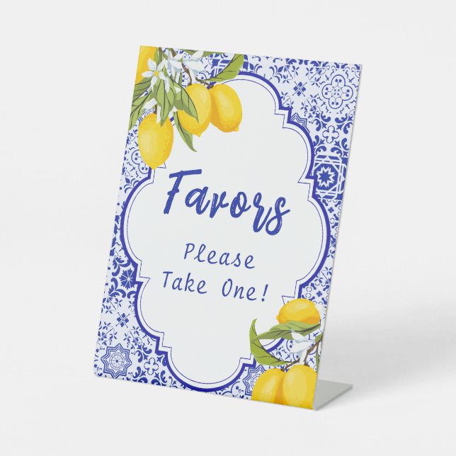 Yellow Blue Italian Lemon Bridal Shower Favour Pedestal Sign (Front)