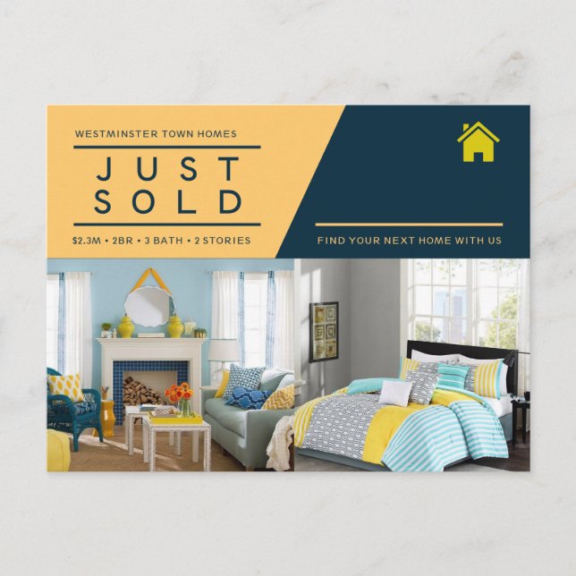 Yellow blue Just sold real estate advert template Postcard (Front)