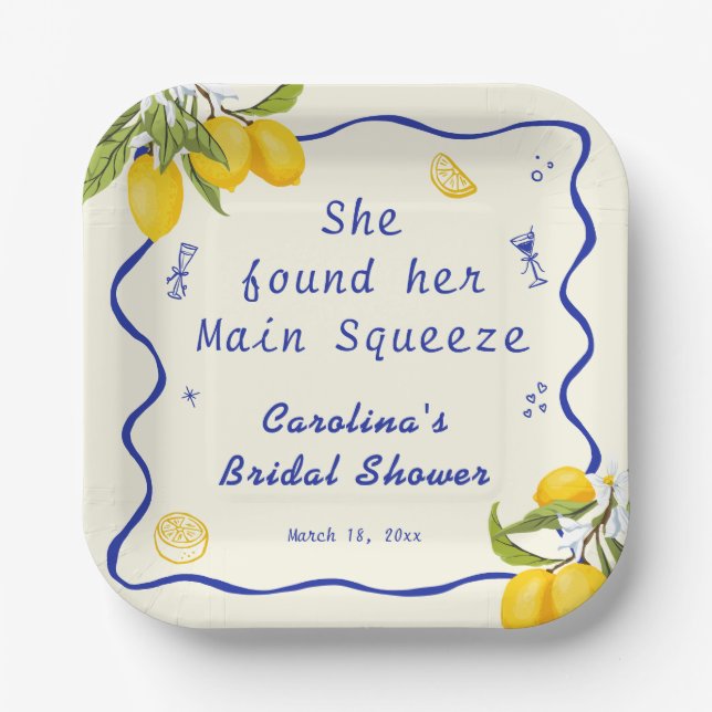 Yellow Blue Lemon Main Squeeze Bridal Shower Paper Plate (Front)