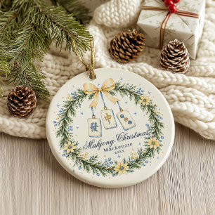 Yellow & Blue Mahjong Tile Wreath Christmas Ceramic Tree Decoration