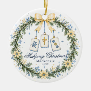 Yellow & Blue Mahjong Tile Wreath Christmas Ceramic Tree Decoration