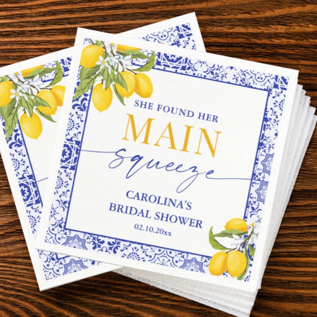 Yellow Blue Main Squeeze Bridal Shower Lemon  Napkin (Creator Uploaded)