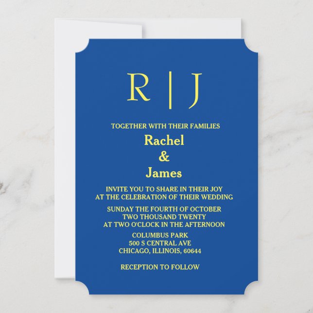 Yellow Blue Monograms Minimal Elegant Wedding Invitation (Front)