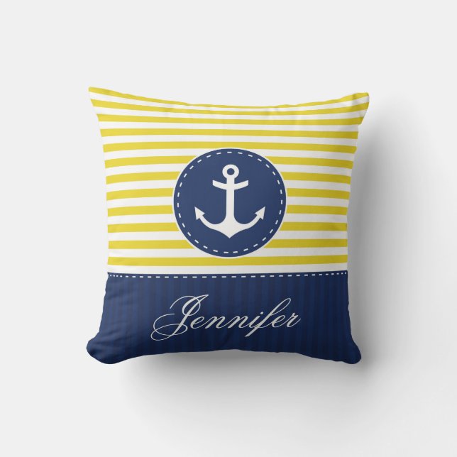 Yellow Blue Nautical Anchor Design Custom Name Cushion (Front)