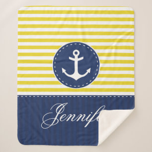 Yellow Blue Nautical Anchor Design Custom Name Sherpa Blanket