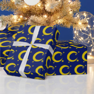 Yellow Blue Night Sky Crescent Moon Stars Evening Wrapping Paper