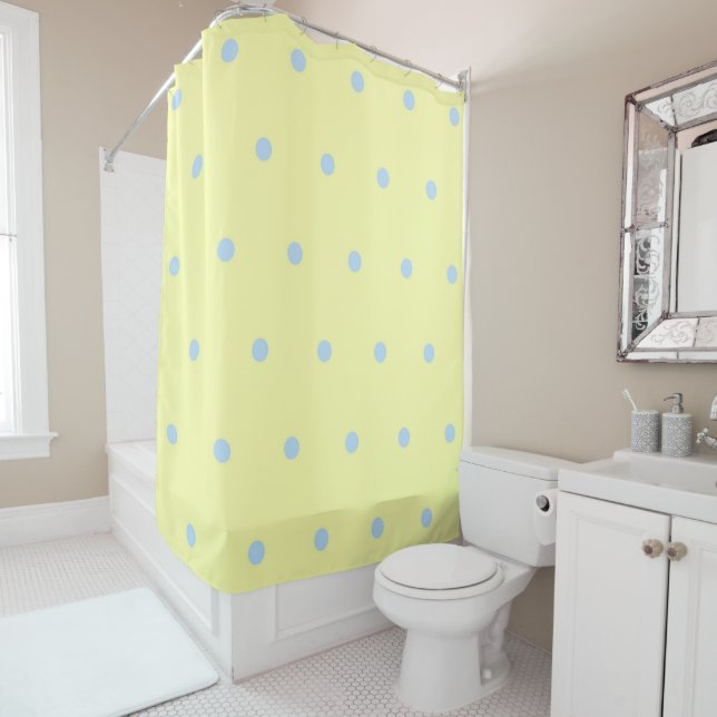 Yellow Blue Pastel Polka Dots Pattern Whimsical Shower Curtain (In Situ)