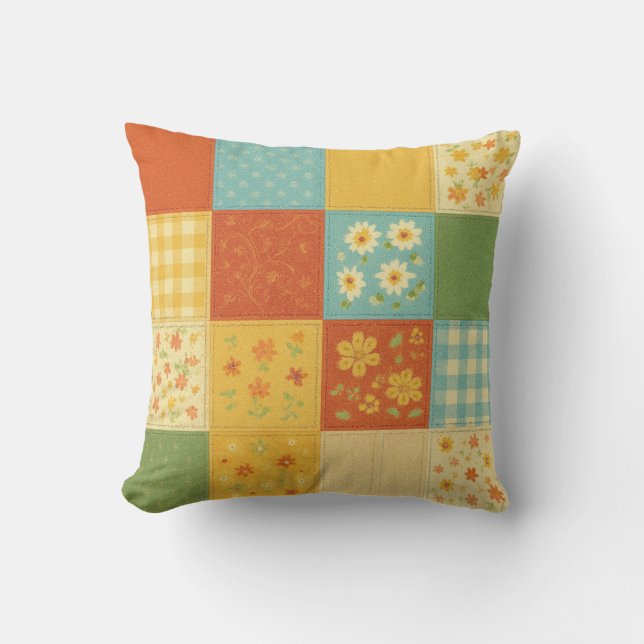 Yellow Blue Patchwork Quilt Rustic Farmhouse  Cushion (Front)