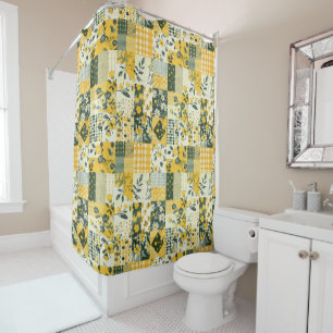 Yellow Blue Patchwork Quilt Rustic Floral Retro Shower Curtain