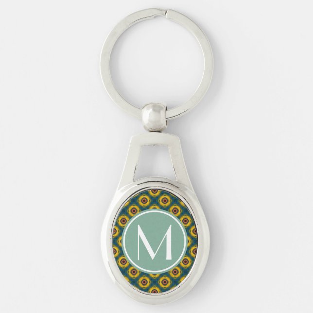 Yellow Blue Pattern with Mint and White Monogram Key Ring (Front)