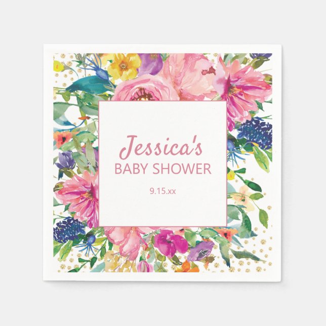 Yellow Blue Pink Baby Shower Gold Glitter White Napkin (Front)