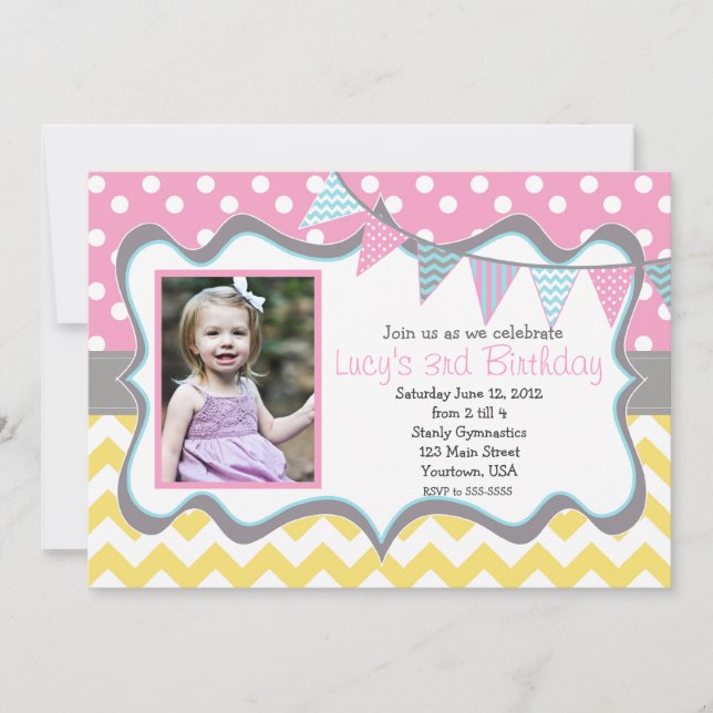 Yellow, blue, pink  Pendants Party Birthday Invitation (Front)