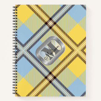 Yellow Blue Plaid Tartan Metallic Steel Monogram Notebook