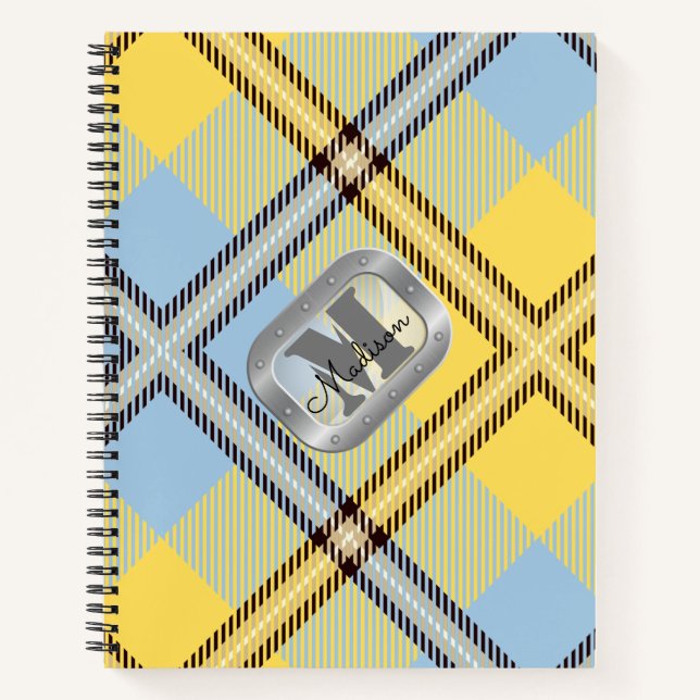 Yellow Blue Plaid Tartan Metallic Steel Monogram Notebook (Front)