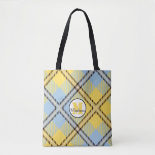Yellow Blue Plaid Tartan Monogram Script Wedding Tote Bag