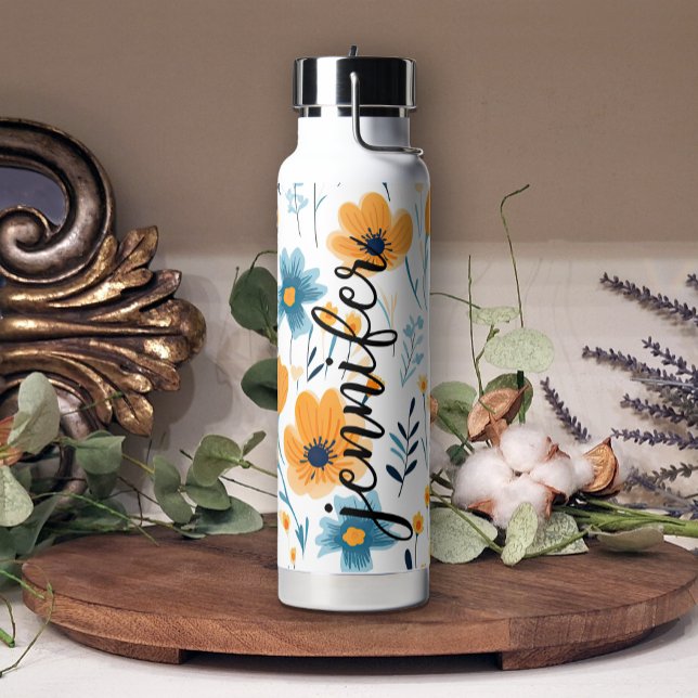 Yellow Blue Pretty Floral Add Name Water Bottle (Creator Uploaded)