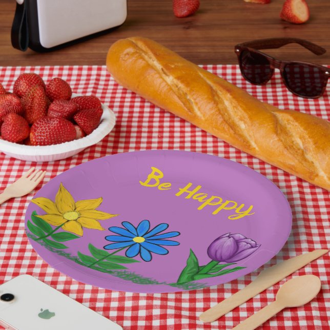 Yellow Blue Purple Hand-Painted Flowers  Paper Plate (Picnic)