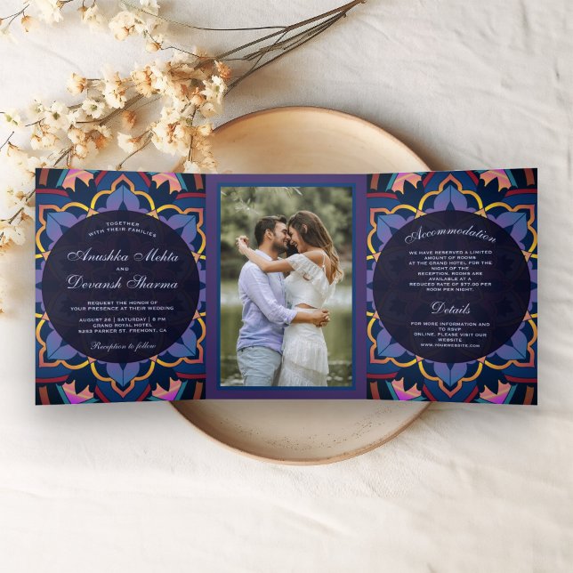 Yellow Blue Purple Mandala Indian Wedding Photo Tri-Fold Invitation (Creator Uploaded)