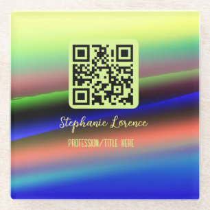 Yellow blue Q R code add name profession title ima Glass Coaster