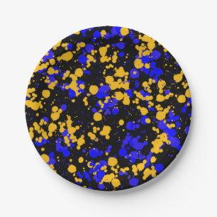 Yellow Blue Raptor Splattered Paint  Paper Plate