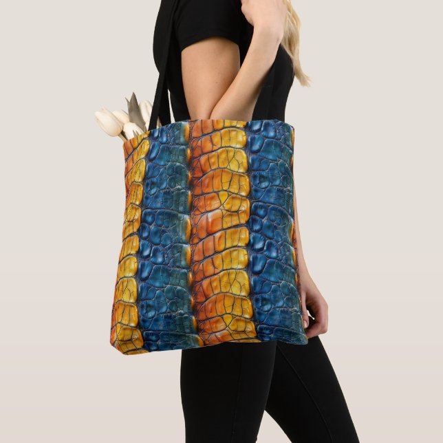 Yellow Blue Reptile Leather Tote Bag (Close Up)