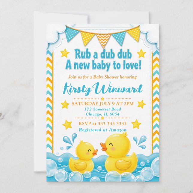 Yellow & Blue Rubber Duck Baby Shower Invitation (Front)