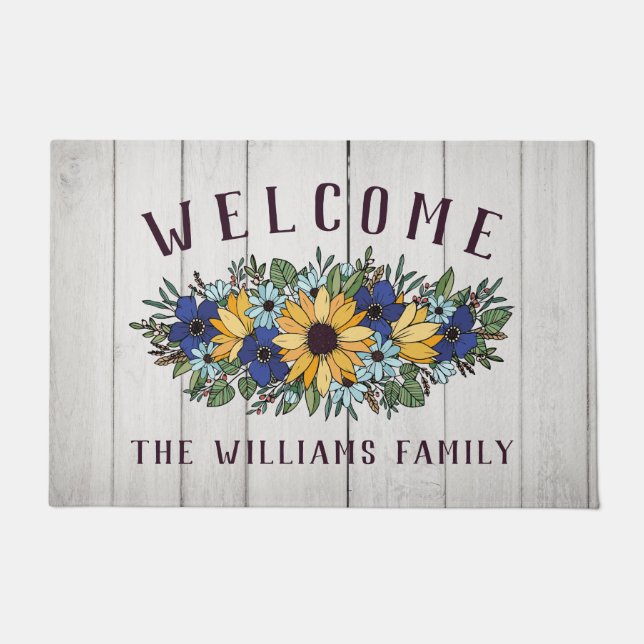 Yellow Blue Sunflower Bouquet White Wood Welcome Doormat (Front)