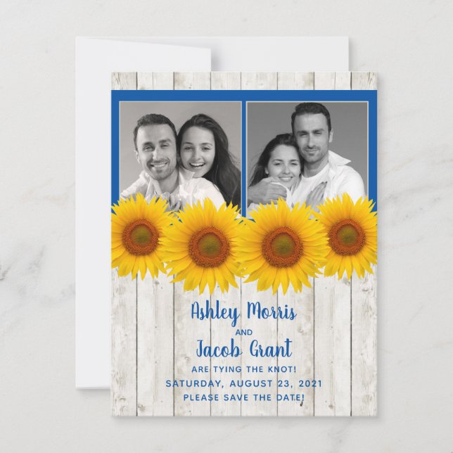 Yellow Blue Sunflower Rustic Photo Save the Date (Front)