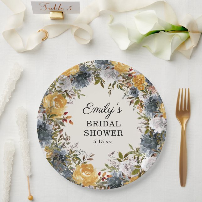 Yellow Blue Watercolor Floral Bridal Shower Paper Plate (Wedding)