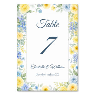 Yellow Blue Watercolor Floral Table Number