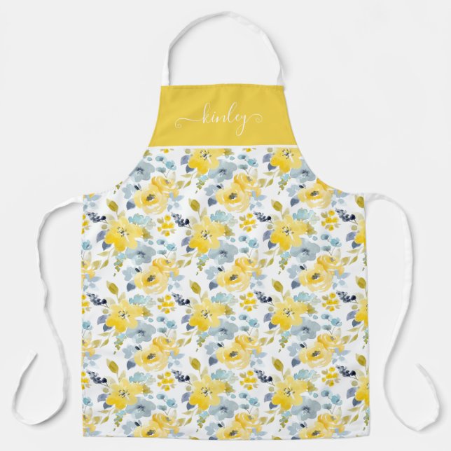Yellow & Blue Watercolor Pattern Apron (Front)