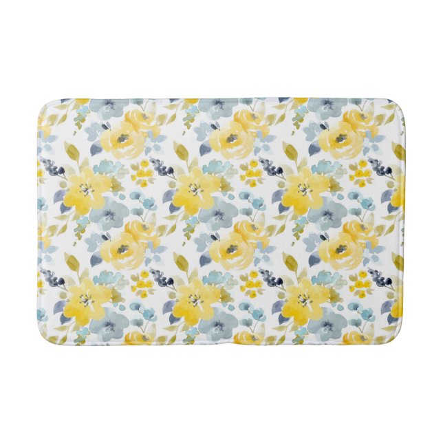 Yellow & Blue Watercolor Pattern Bath Mat (Front)