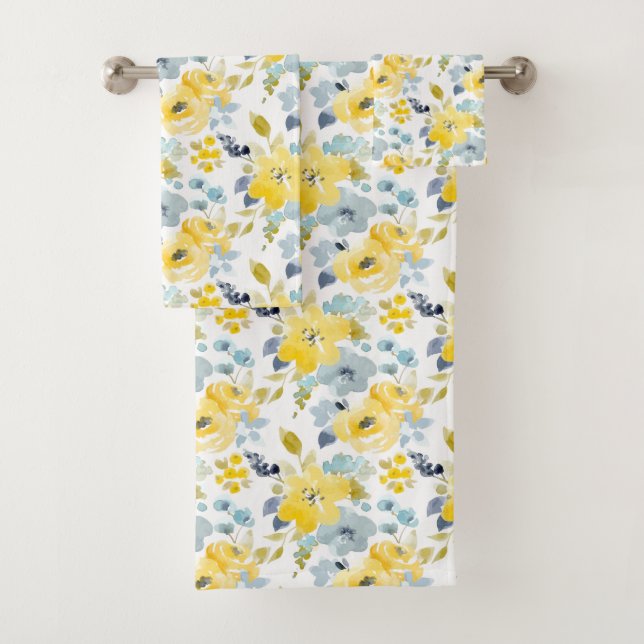 Yellow & Blue Watercolor Pattern Bath Towel Set (Insitu)