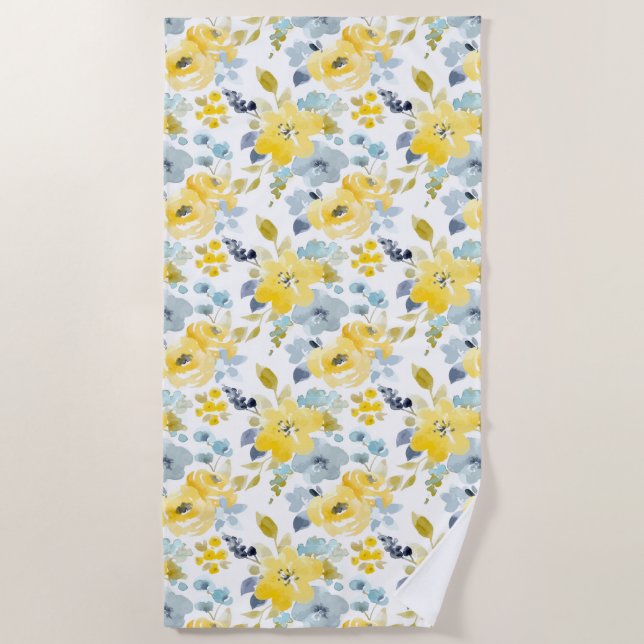 Yellow & Blue Watercolor Pattern Beach Towel (Front)